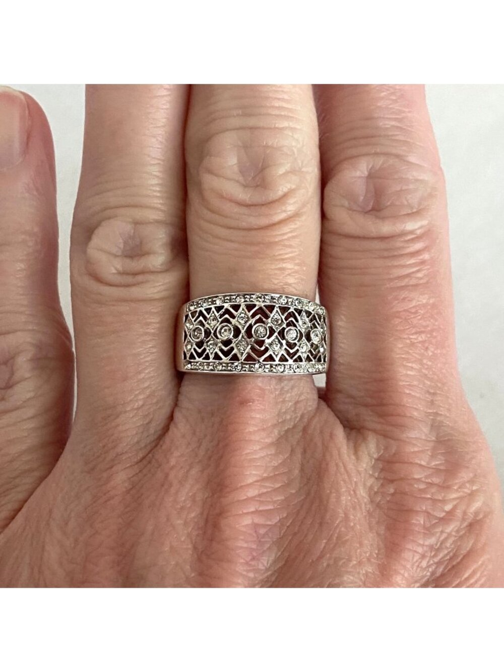 Sterling Silver 925 Cubic Zirconia Lattice Pierced Wide Band Ring Sz 7.75